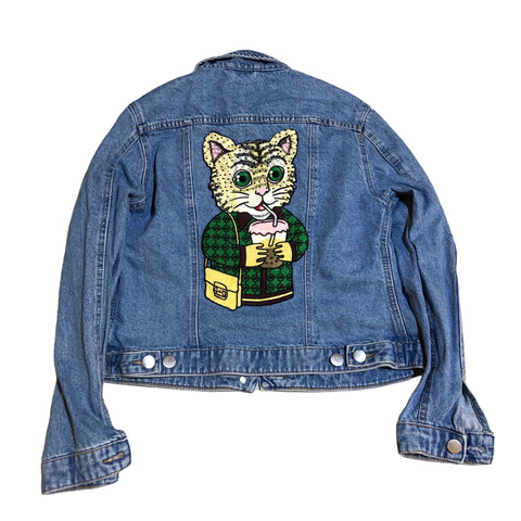 Embellished Sequin Boba Cat Denim Jacket