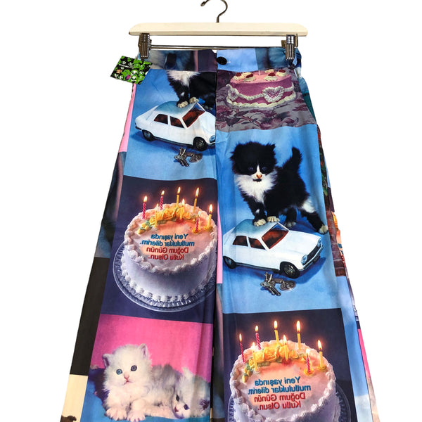 Birthday Cat Print Wide Leg Pants