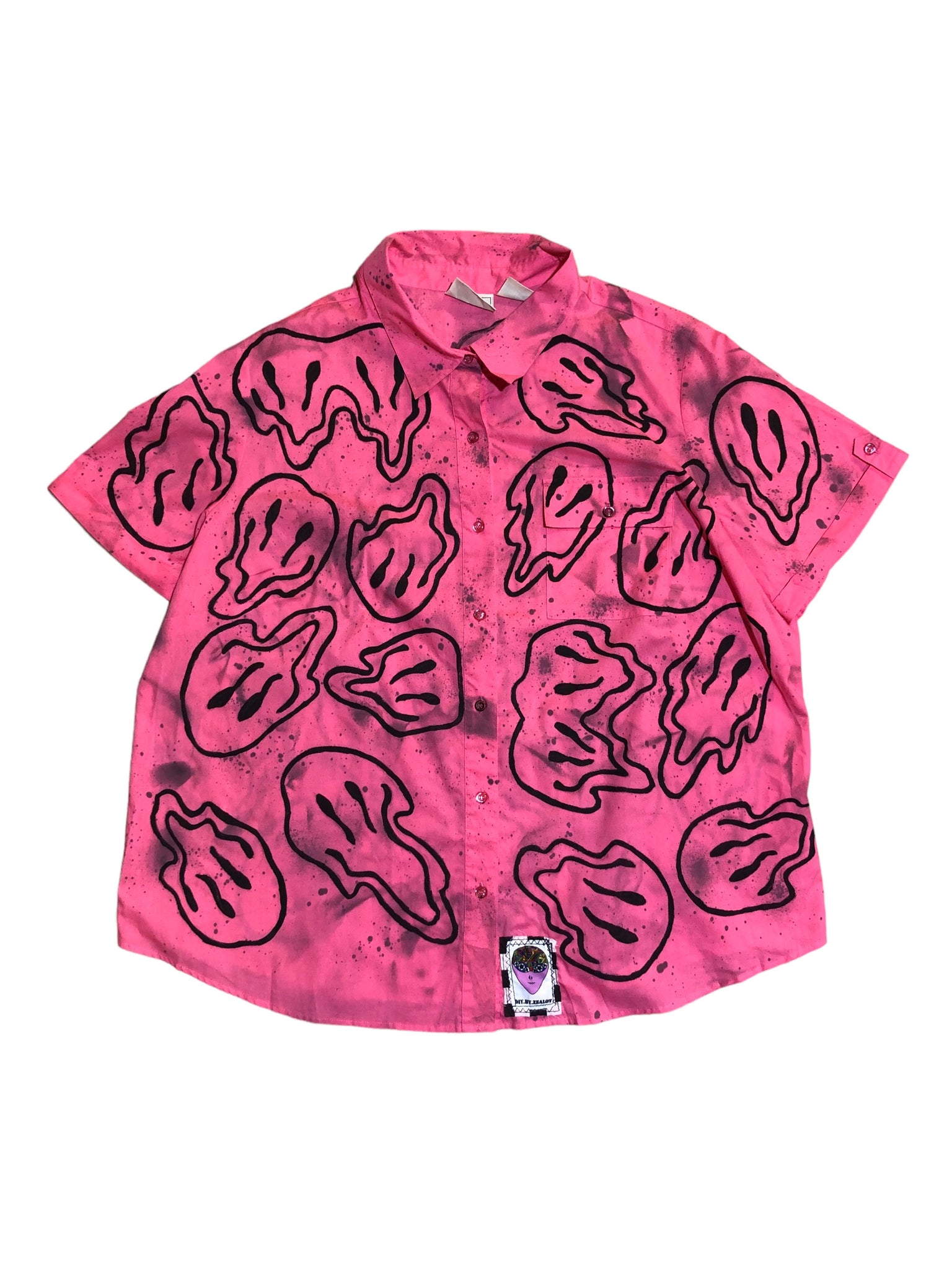 Pink Smiley Short Sleeve Button up By Zealot