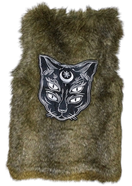Embellished witchy cat faux fur vest