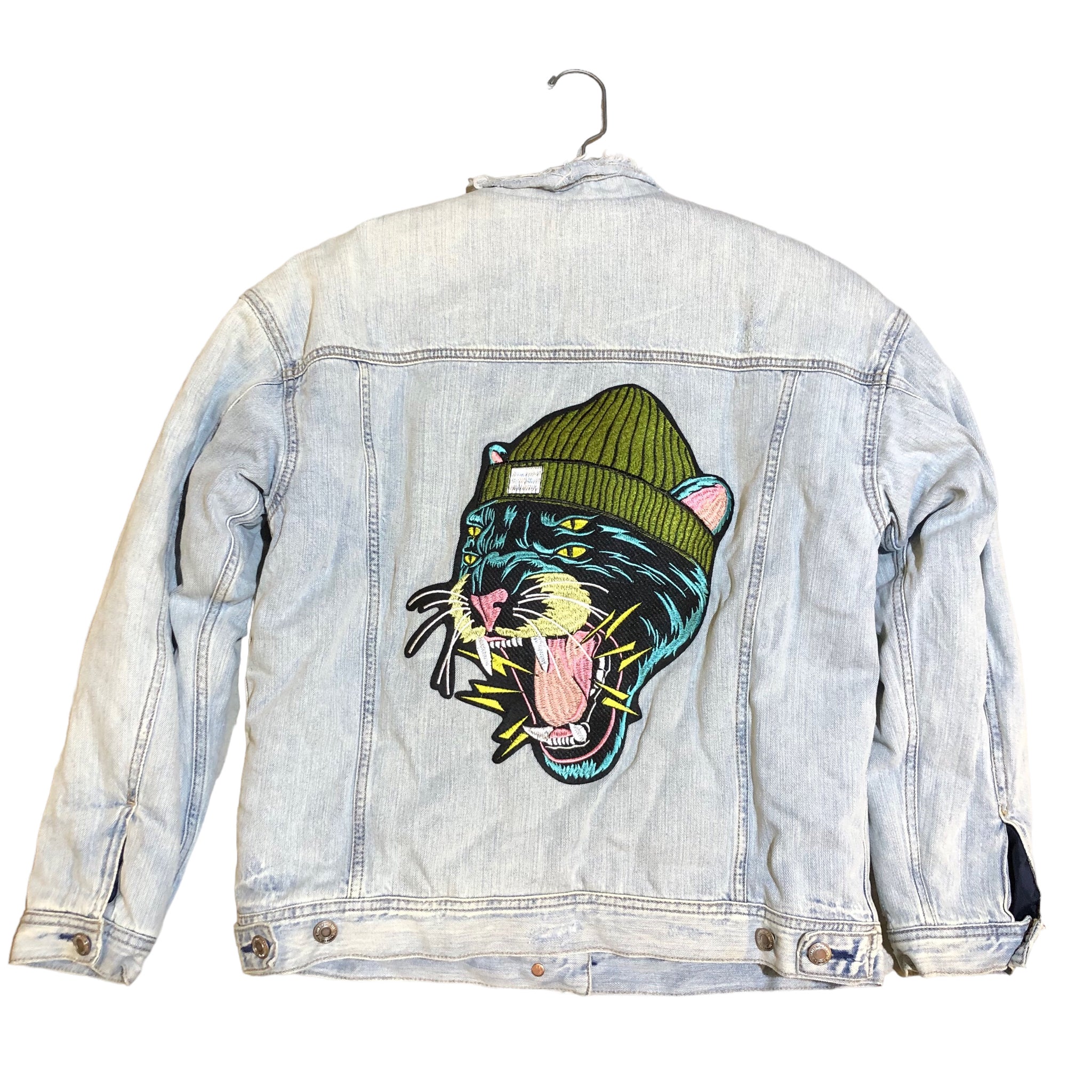 Embellished Panther Denim Sherpa Jacket