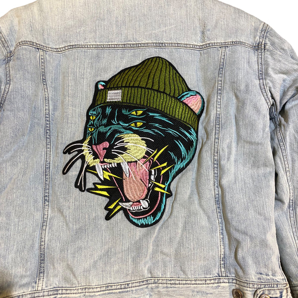 Embellished Panther Denim Sherpa Jacket