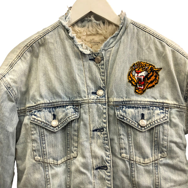 Embellished Panther Denim Sherpa Jacket