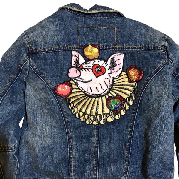 Embellished Sequin Clown Pig Denim Jacket