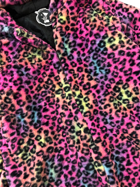 Rainbow Leopard Faux Fur Jacket with Hood