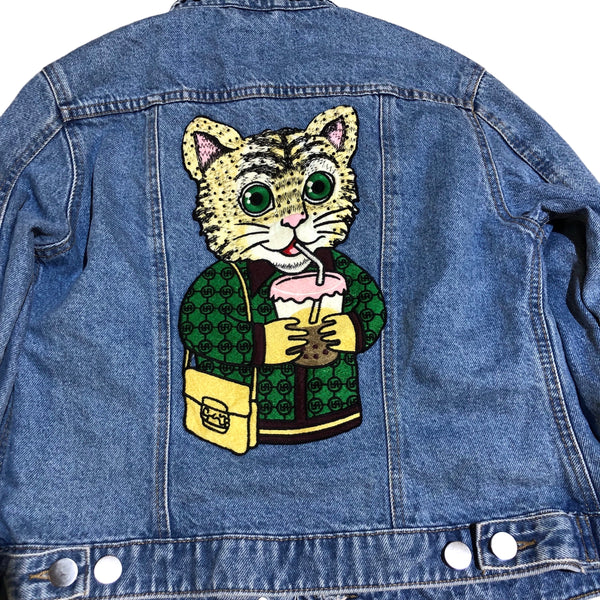 Embellished Sequin Boba Cat Denim Jacket