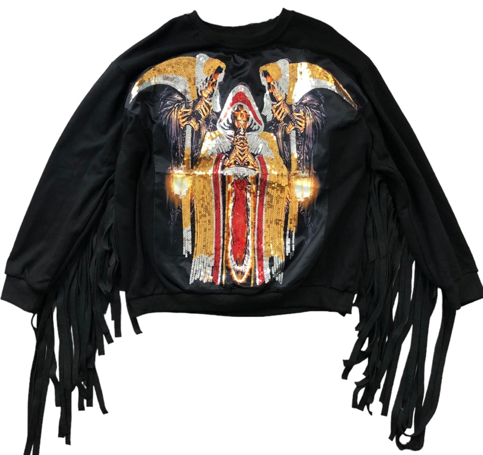 Vintage Black Fringe Cotton Sweater with Sequin Embroidery