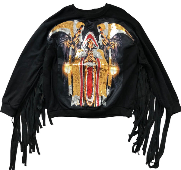 Vintage Black Fringe Cotton Sweater with Sequin Embroidery