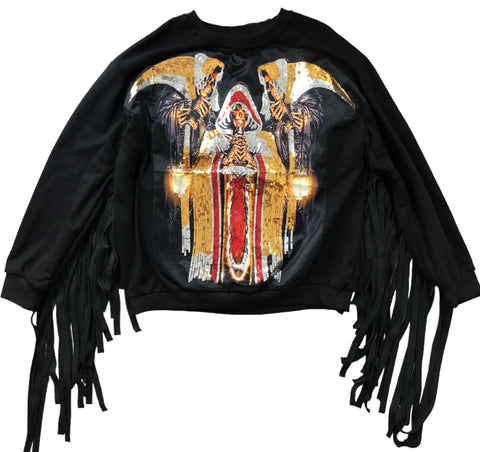 Vintage Black Fringe Cotton Sweater with Sequin Embroidery