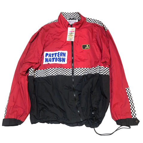Red Black Hand Patchwork Nylon Jacket by Pattern Nation