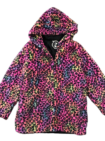 Rainbow Leopard Faux Fur Jacket with Hood