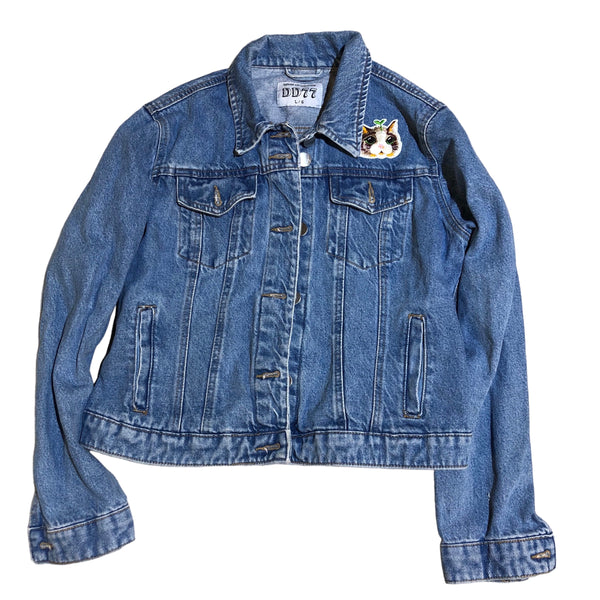 Embellished Sequin Boba Cat Denim Jacket