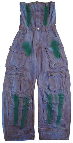 Distressed Denim Cargo Halter Onesie