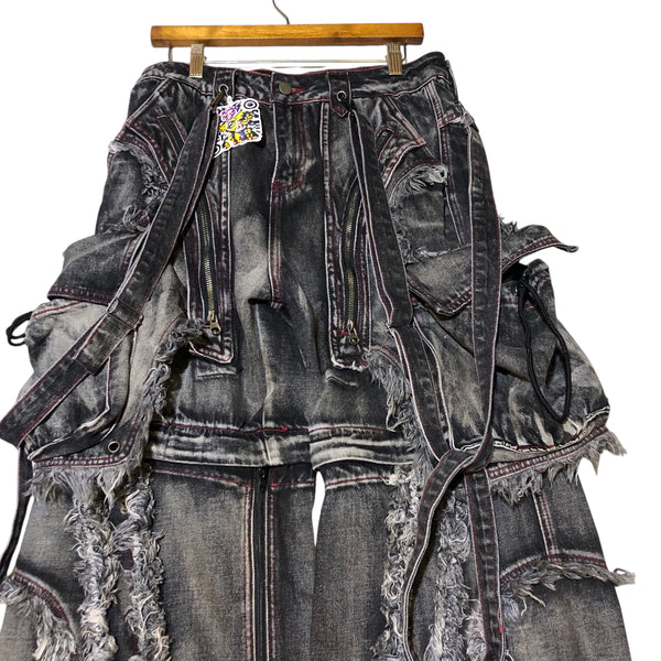 Black Acid Wash Denim Cargo Pants