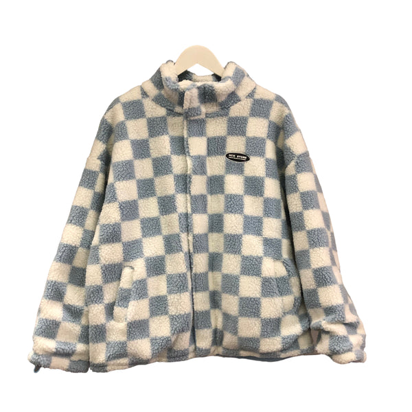 Blue and White Checkered Print Fleece Jacket
