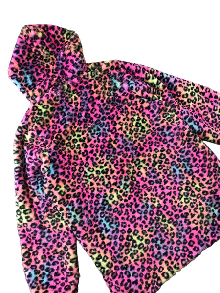 Rainbow Leopard Faux Fur Jacket with Hood