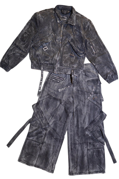 Black Acid Denim Jacket Pants Set