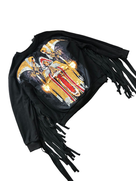 Vintage Black Fringe Cotton Sweater with Sequin Embroidery