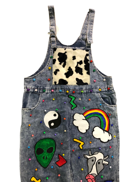 Embellished OOAK Denim Cow Overalls by Zealot