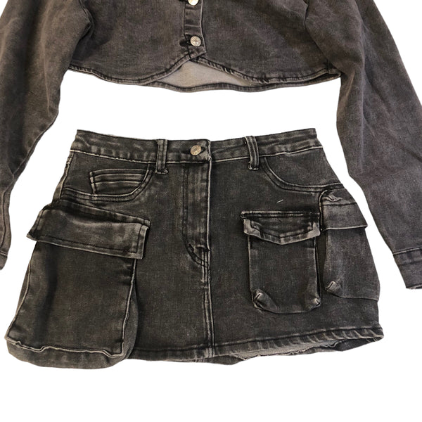 Acid Black Cropped Denim Jacket Set