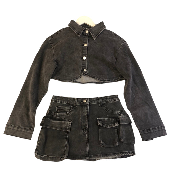 Acid Black Cropped Denim Jacket Set