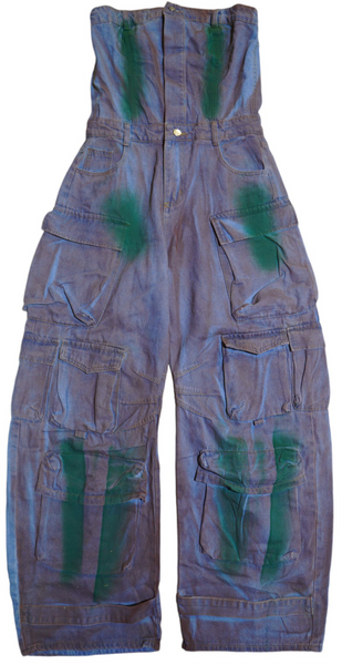 Distressed Denim Cargo Halter Onesie