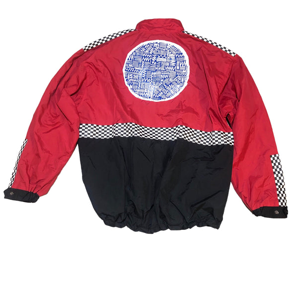 Red Black Hand Patchwork Nylon Jacket by Pattern Nation