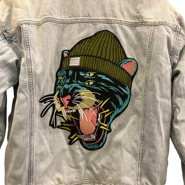 Embellished Panther Denim Sherpa Jacket