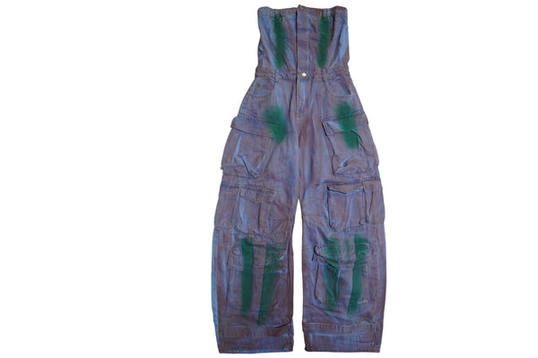 Distressed Denim Cargo Halter Onesie