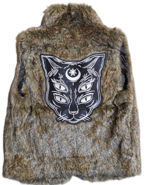 Embellished witchy cat faux fur vest