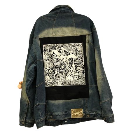 Yokai Fantasy Printed Patch Distressed Denim Jacket