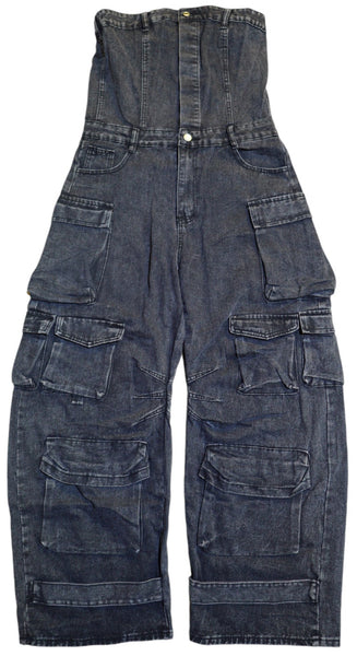 Distressed Denim Cargo Halter Onesie