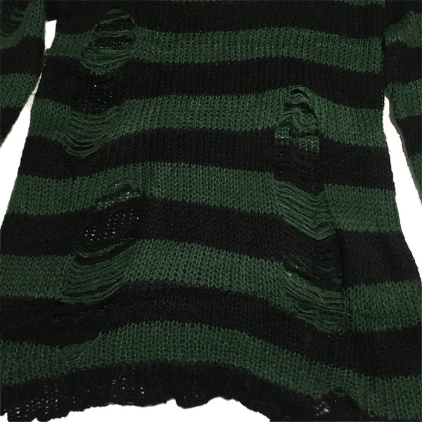 Distressed Dark Green Black Stripe Knit Sweater