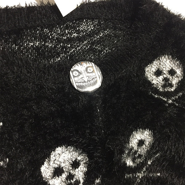 Feather Knit Fluffy Skull Sweater Cardigan with Button