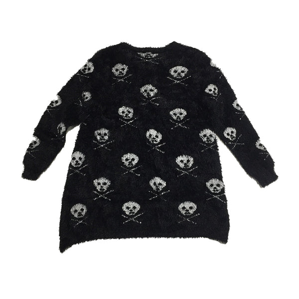 Feather Knit Fluffy Skull Sweater Cardigan with Button