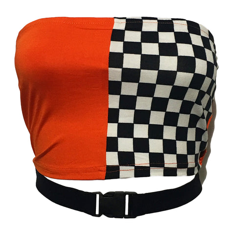 Orange & Checkered Tube Top With Buckle Strap