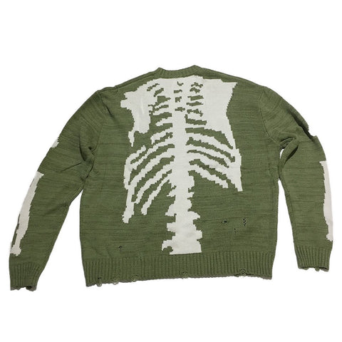Distressed Green Skeleton Bone  Knit Sweater