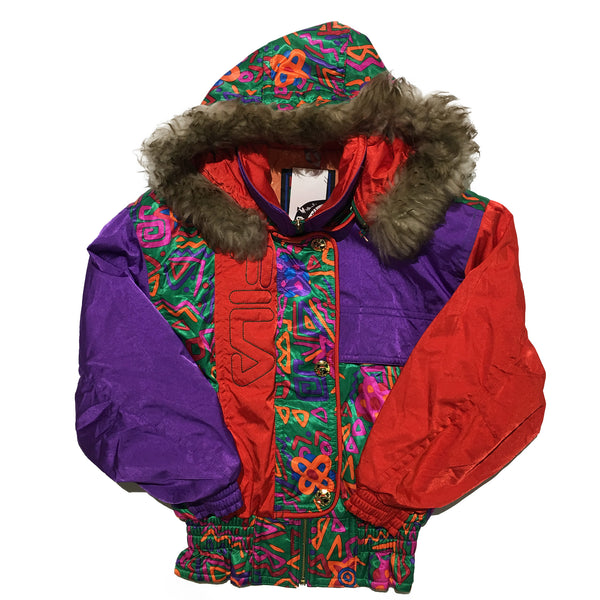 FILA Purple Red and Abstract Pattern Fur Hood Jacket