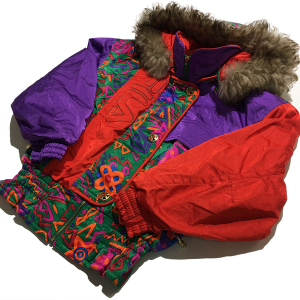 FILA Purple Red and Abstract Pattern Fur Hood Jacket