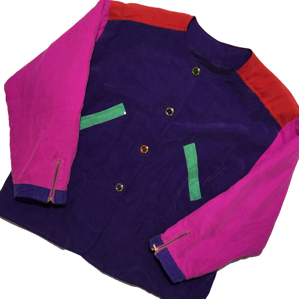 Vintage Colour Block Silk Button Up Jacket