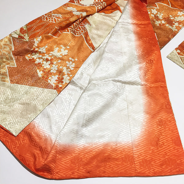 Vintage Silk Red Orange White Furisode Kimono From Japan