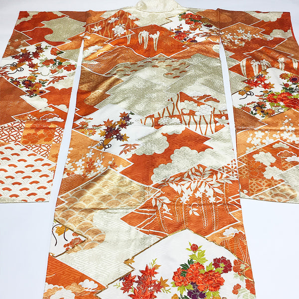Vintage Silk Red Orange White Furisode Kimono From Japan