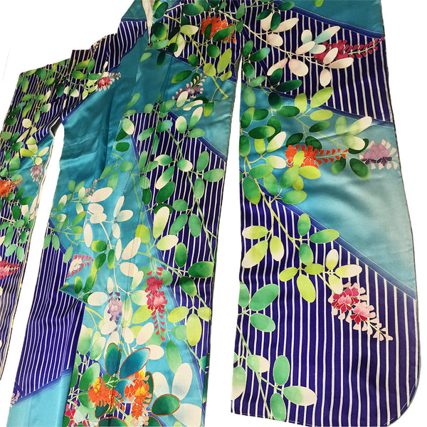 Vintage Silk Blue Stripe Kimono Furisode From Japan