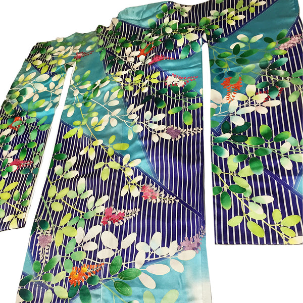 Vintage Silk Blue Stripe Kimono Furisode From Japan