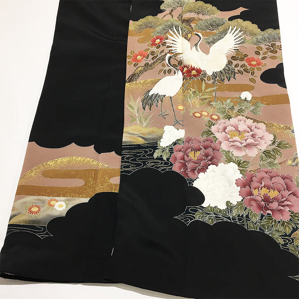 Vintage Black Gold Floral Crane Pattern Kimono From Japan