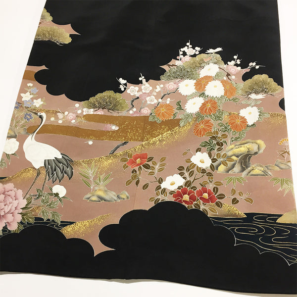 Vintage Black Gold Floral Crane Pattern Kimono From Japan