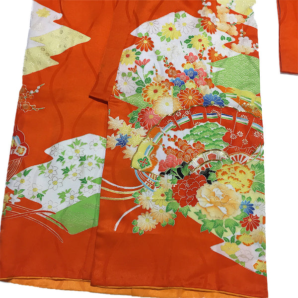 Vintage Vermilion Floral Folding fan Pattern Silk Furisode Kimono From Japan