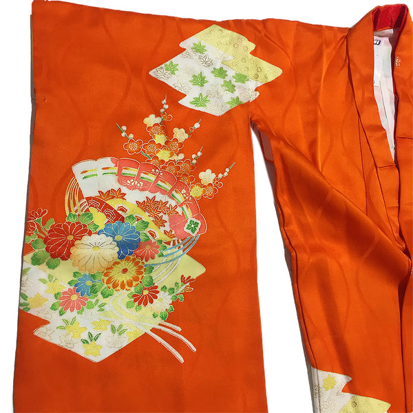 Vintage Vermilion Floral Folding fan Pattern Silk Furisode Kimono From Japan