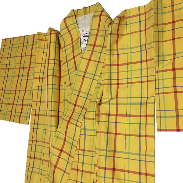 Vintage Yellow Plaid Check Pattern Kimono From Japan