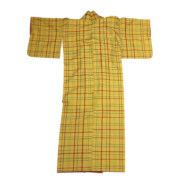 Vintage Yellow Plaid Check Pattern Kimono From Japan